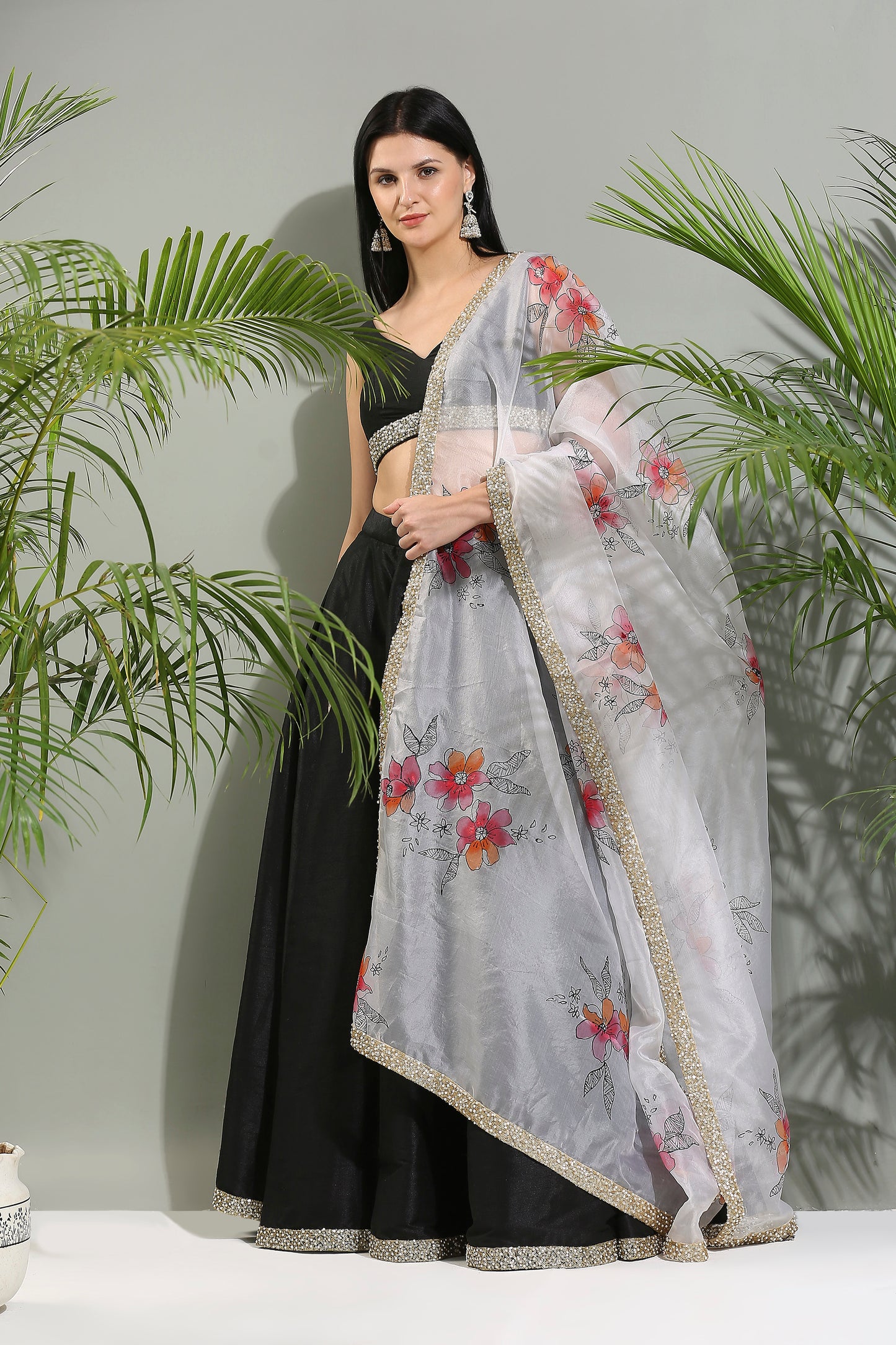 Black raw silk lehenga set with hand painted dupatta