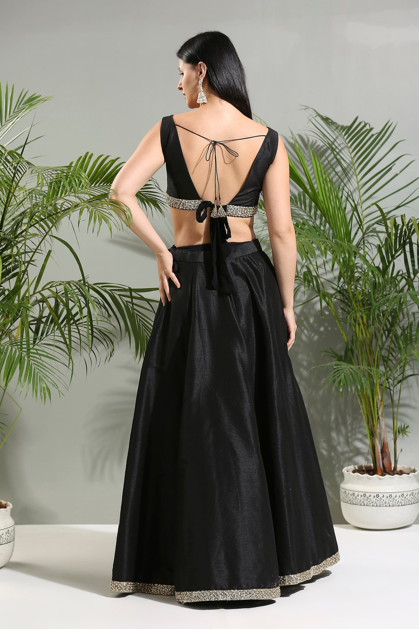 Black raw silk lehenga set with hand painted dupatta