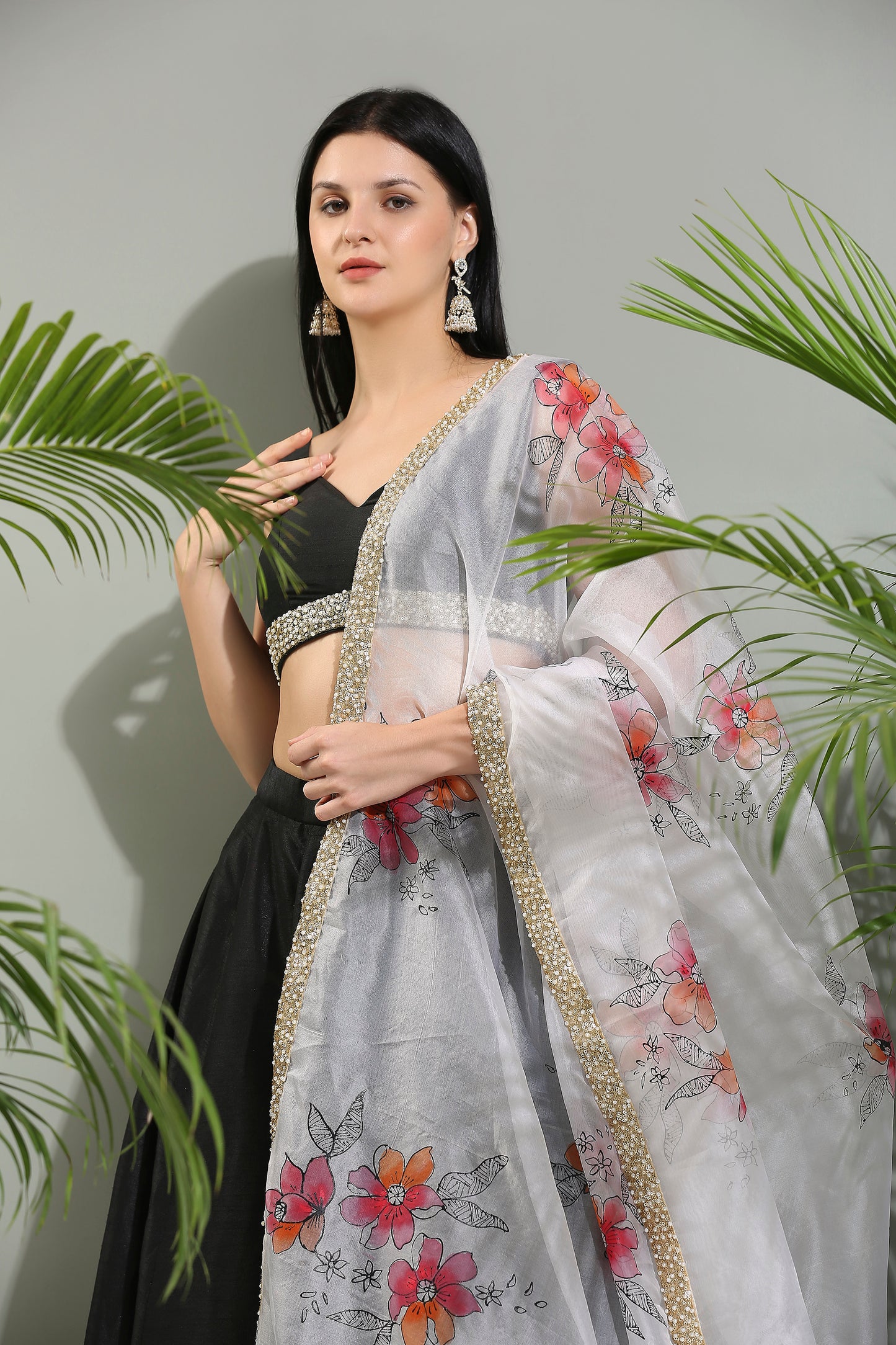 Black raw silk lehenga set with hand painted dupatta