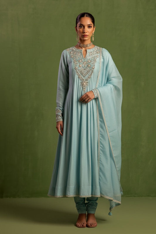 Chanderi Silk Hand Embroidered Kurta Set in Blue