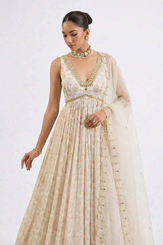 Ivory print hand embroidered Anarkali with hand embroidered dupatta