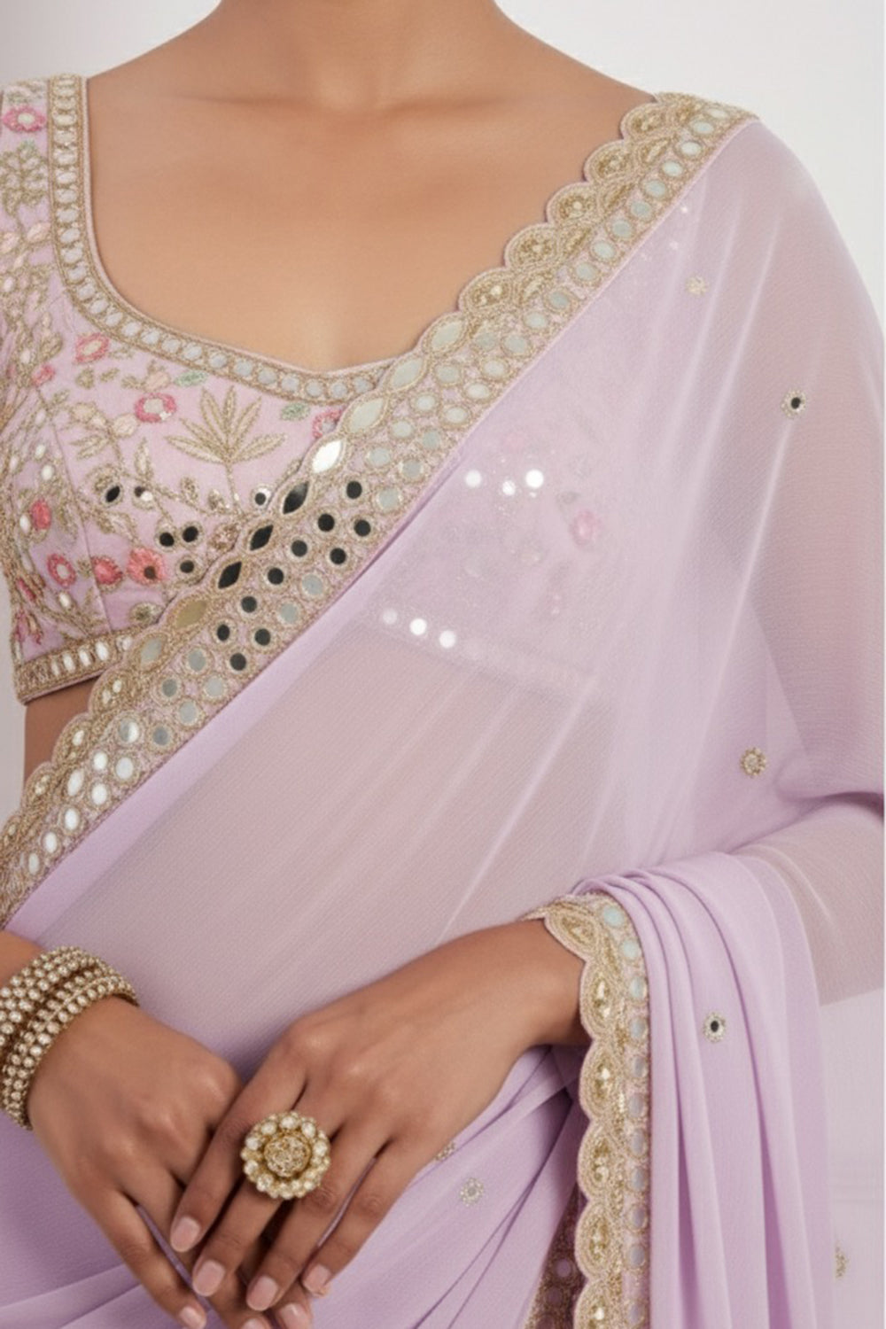 Lilac Hand Embroidered Saree Set