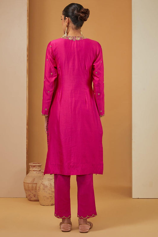 Pink Chanderi Silk Hand Embroidery Zari V Neck Kurta Pant Set For Women