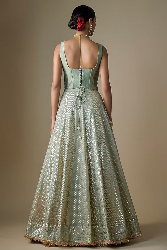 Sea Green Banarasi Chanderi Embroidered Lehenga Set