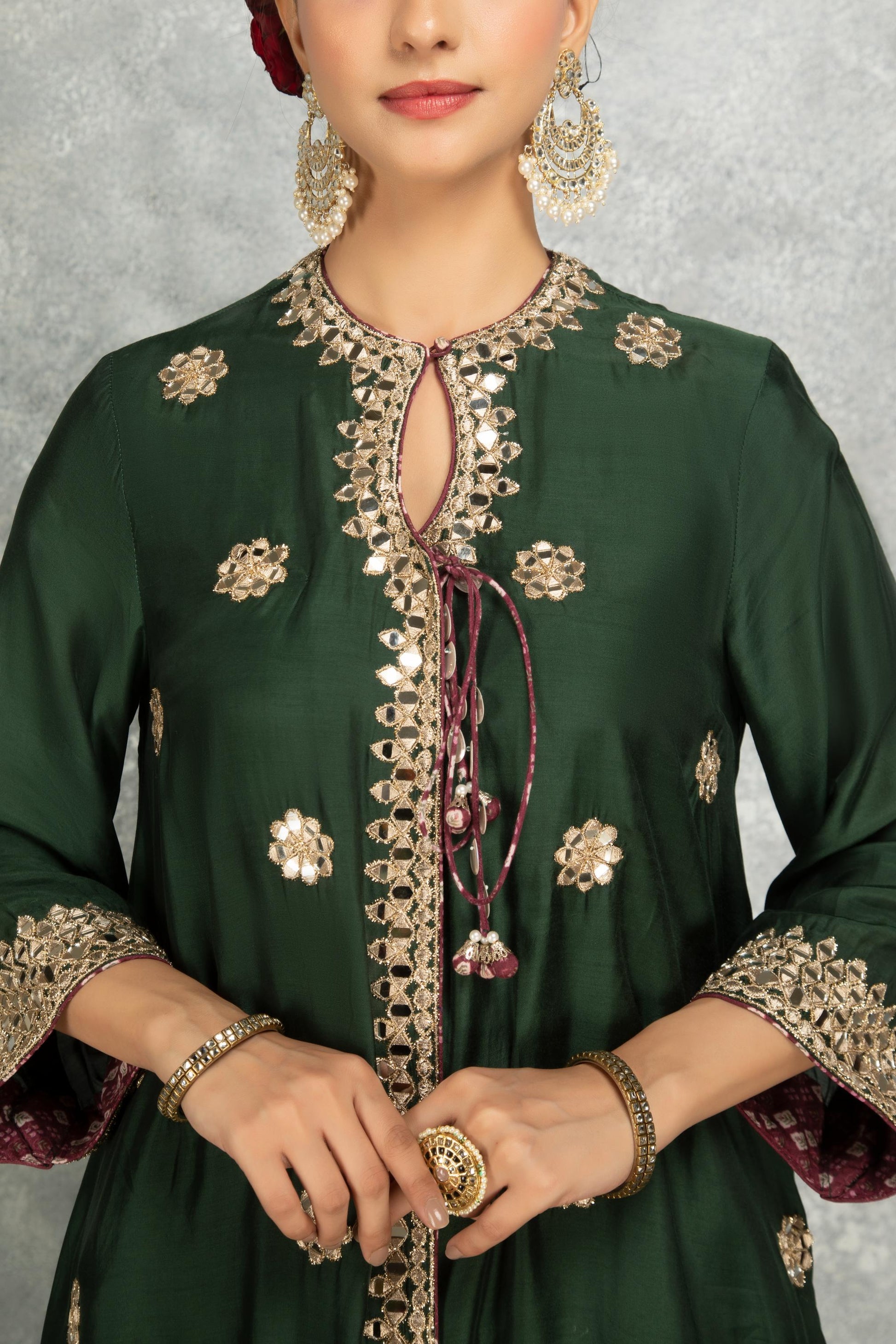 Green Mirror Embroidered  Angrakha with Printed Pants & Dupatta Set of 3