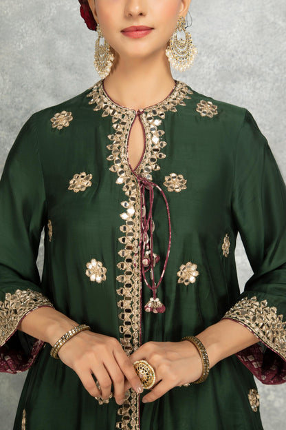 Green Mirror Embroidered  Angrakha with Printed Pants & Dupatta Set of 3
