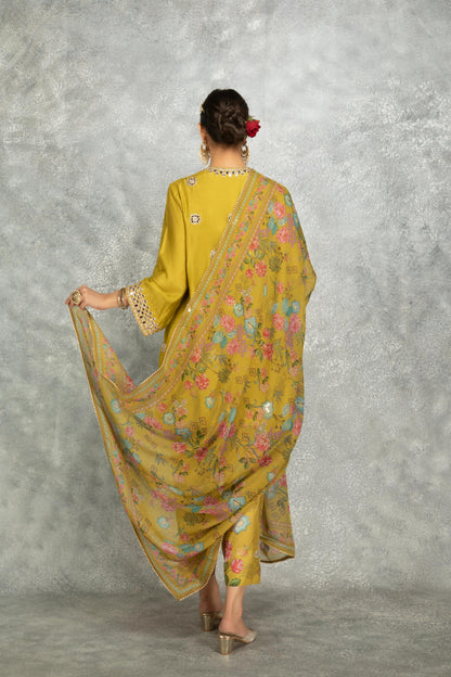 Mustard Green Mirror Embroidered  Angrakha with Printed Pants & Dupatta Set of 3