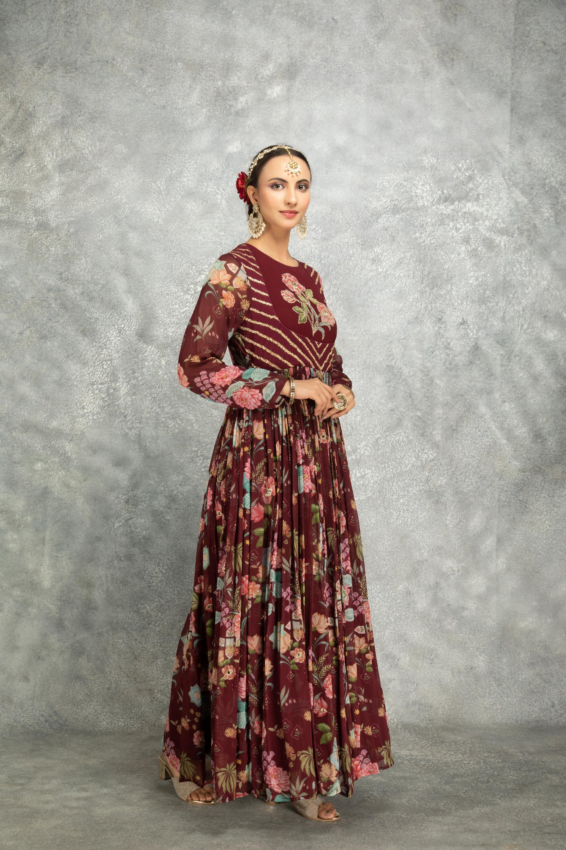 Wine Mirror Work Anarkali with Scalloping Dupatta Set of 3