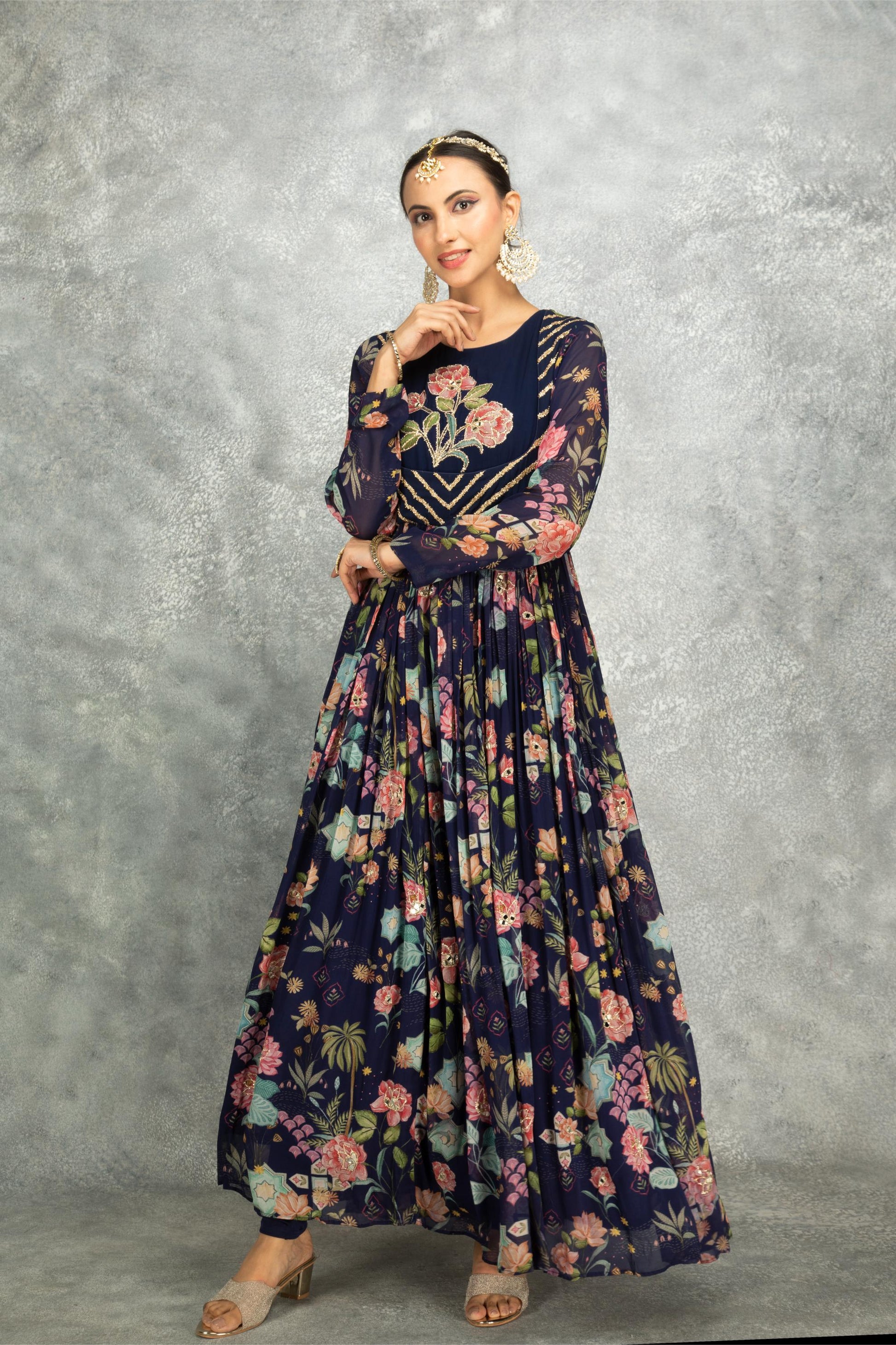 Blue Mirror Work Anarkali with Scalloping Dupatta Set of 3
