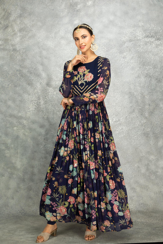 Blue Mirror Work Anarkali with Scalloping Dupatta Set of 3