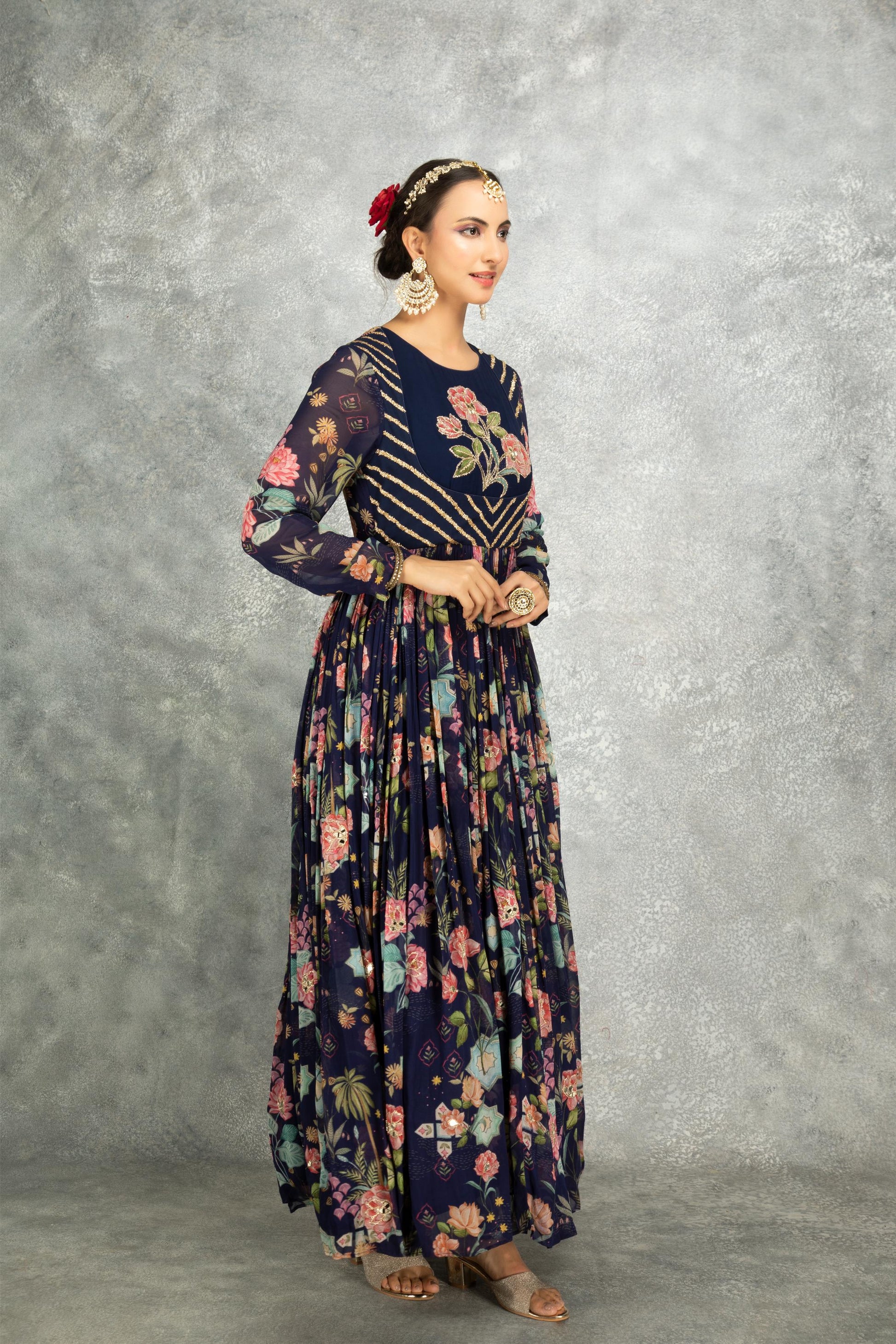 Blue Mirror Work Anarkali with Scalloping Dupatta Set of 3