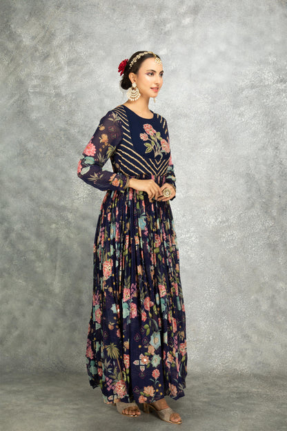 Blue Mirror Work Anarkali with Scalloping Dupatta Set of 3