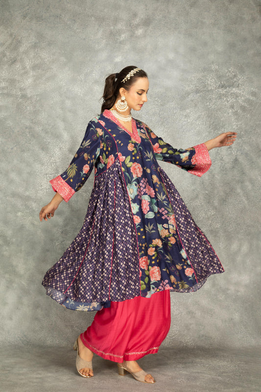 Blue Side Panel Buti Kurta with Scalloping Dupatta