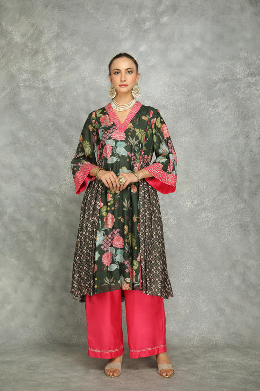 Forest Green  Side Panel Buti Kurta with Scalloping Dupatta