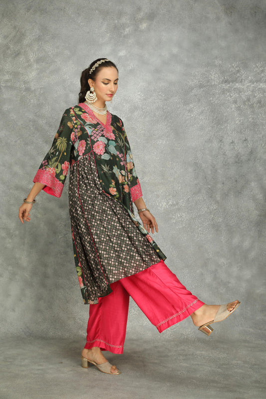 Forest Green  Side Panel Buti Kurta with Scalloping Dupatta