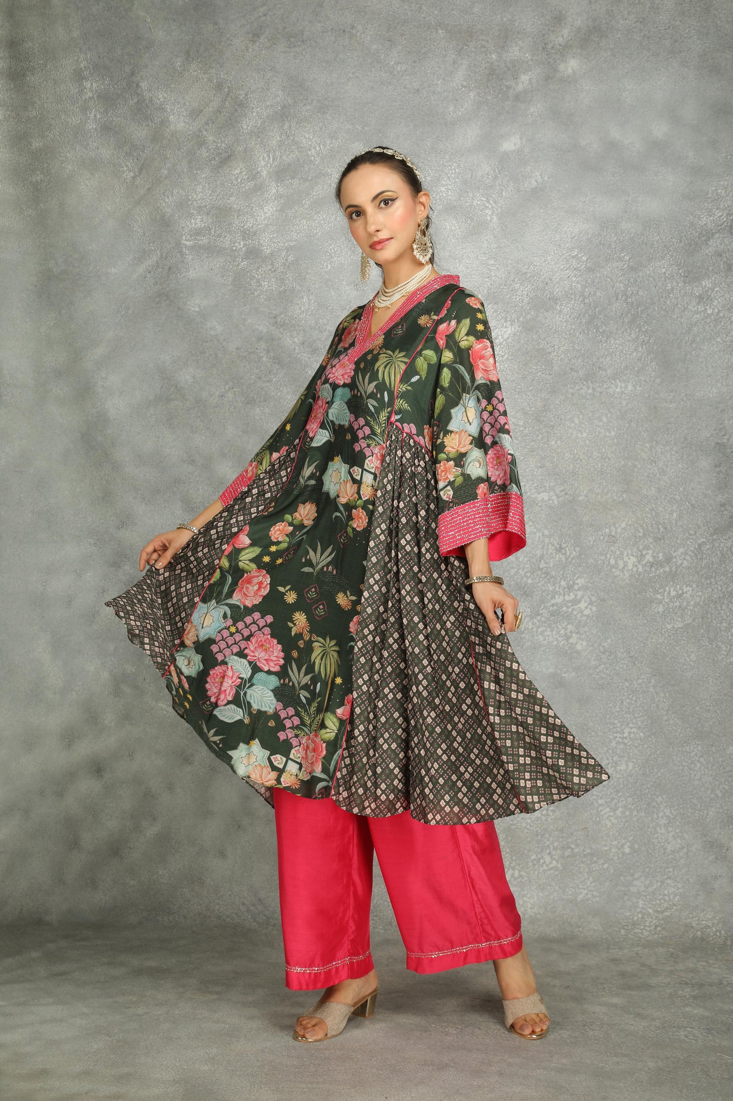 Forest Green  Side Panel Buti Kurta with Scalloping Dupatta