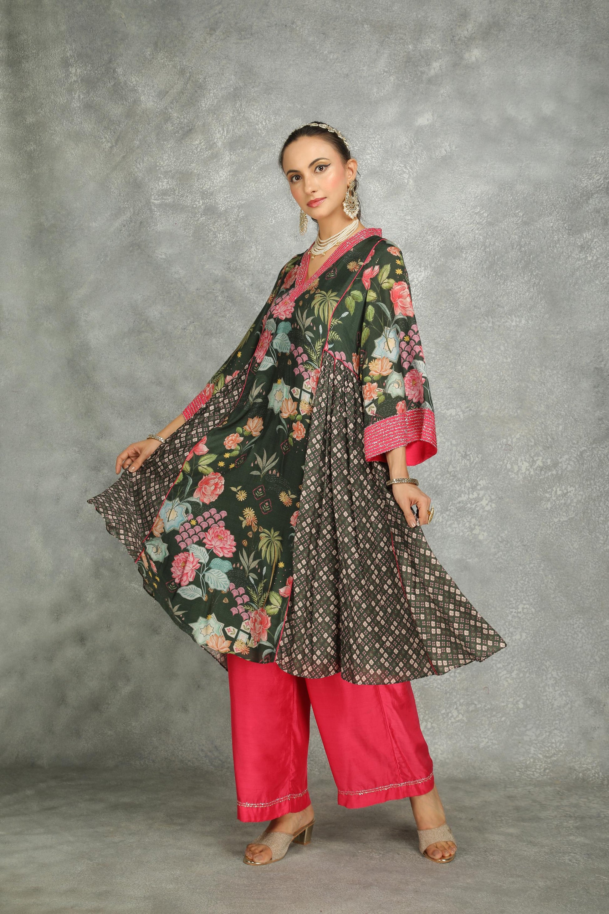 Forest Green  Side Panel Buti Kurta with Scalloping Dupatta