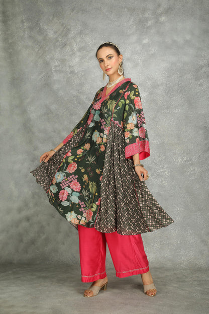 Forest Green  Side Panel Buti Kurta with Scalloping Dupatta
