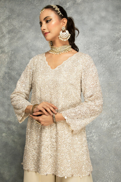 Ivory Organza Embroidered Sharara Set