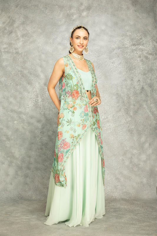 Turquoise Mirror Embroidered Cape w/Skirt and Crop Top Bustier