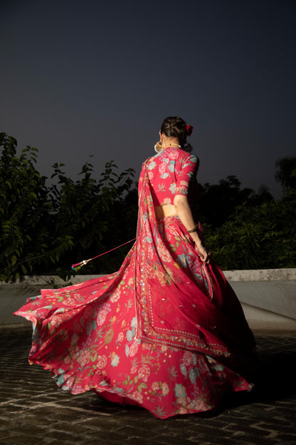 Hot Pink Embroidred Lehenga with Blouse & Dupatta