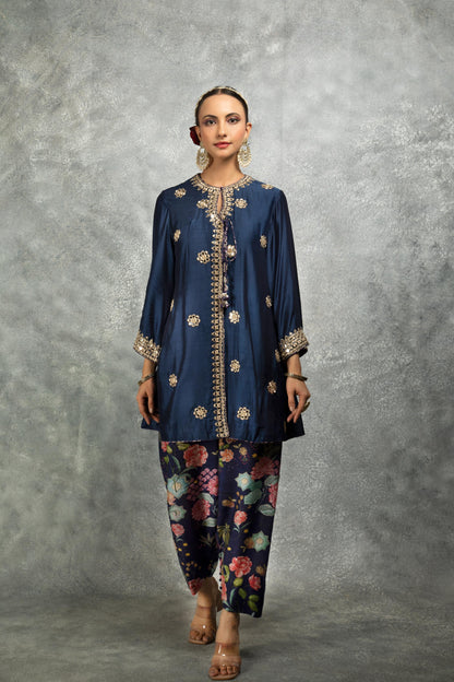 Blue Mirror Embroidered  Angrakha with Printed Pants & Dupatta Set of 3