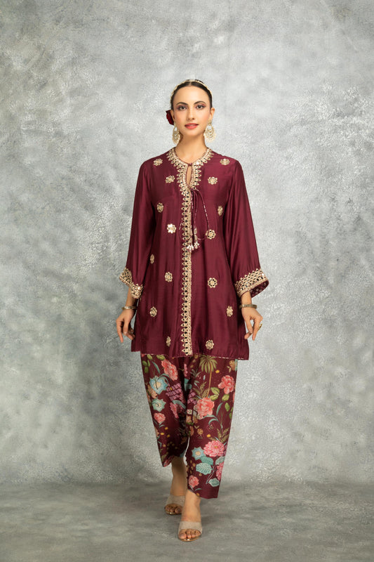Wine Mirror Embroidered  Angrakha with Printed Pants & Dupatta Set of 3