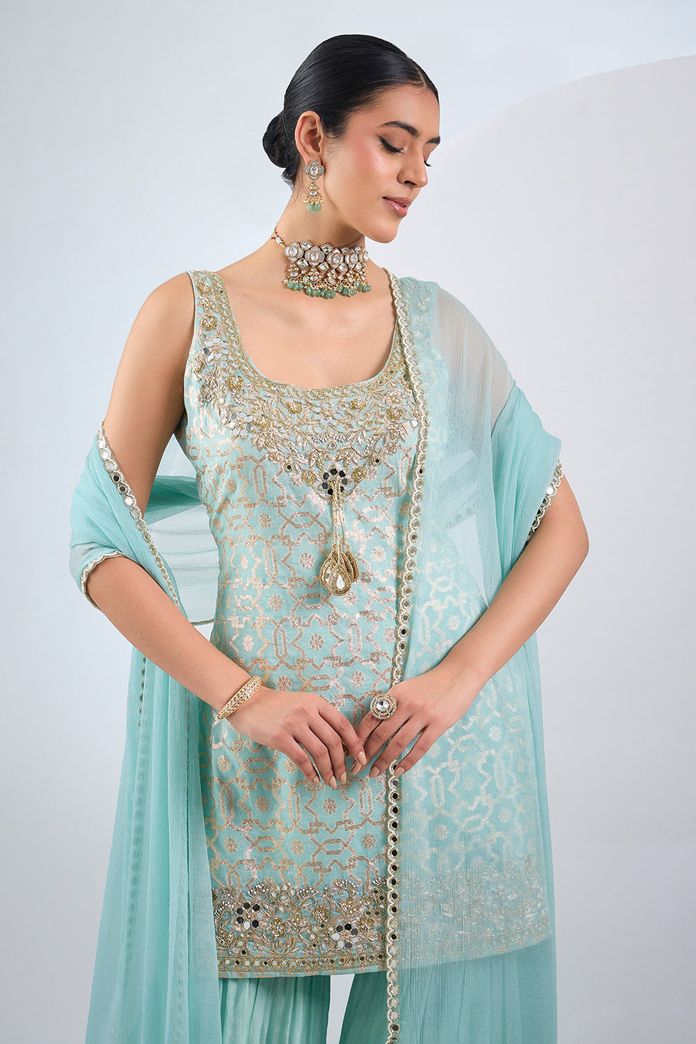 Sky blue Sharara set with embroided kurta