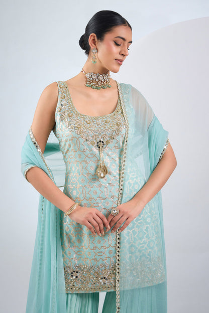 Sky blue Sharara set with embroided kurta