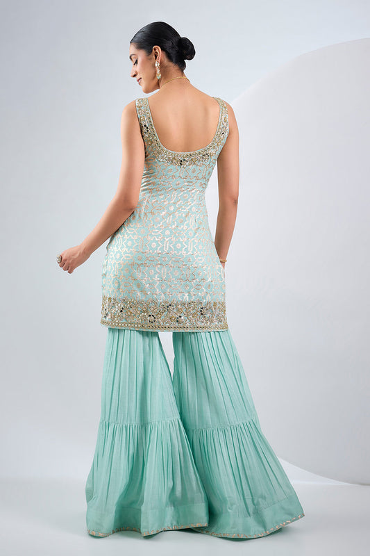 Sky blue Sharara set with embroided kurta