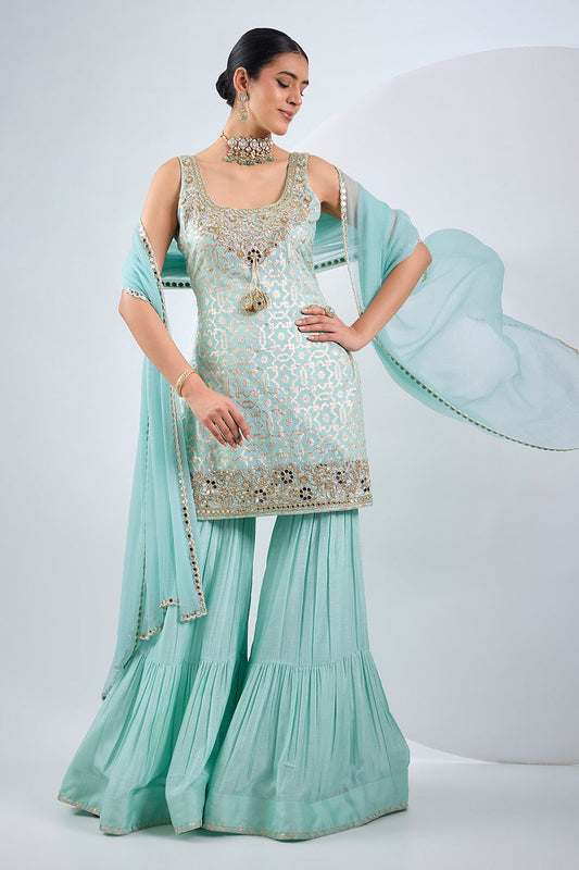 Sky blue Sharara set with embroided kurta