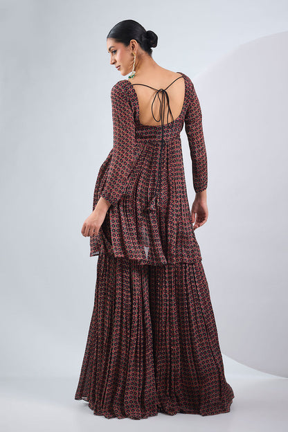 Black chinon silkanarkali sharara set