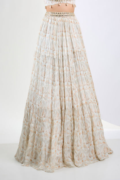 Printed chinon chiffon ivory lehenga set with pearl tassels and organza Dupatta