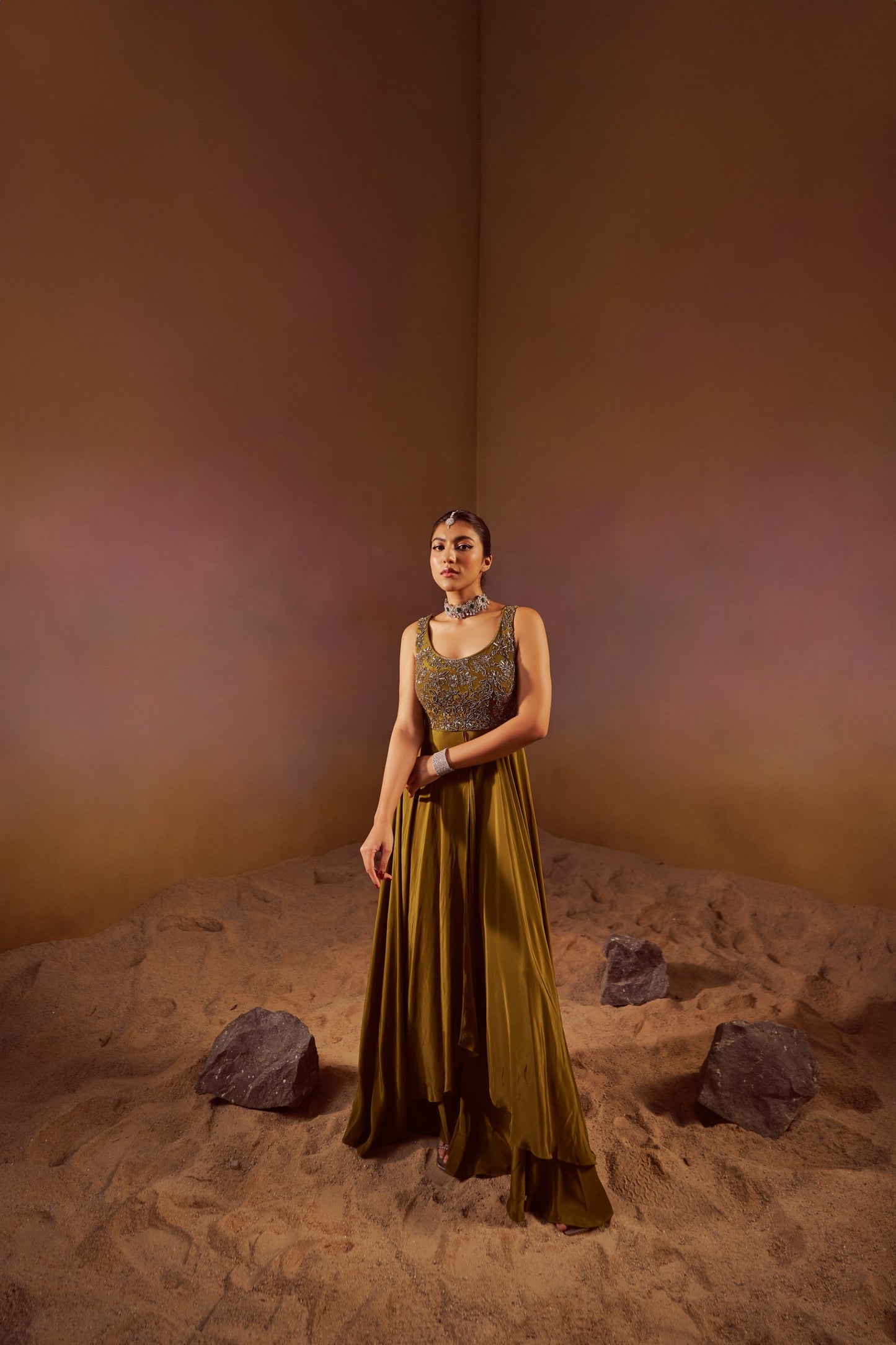 OLIVE GREEN INDOWESTERN WITH HAND EMBROIDERY
