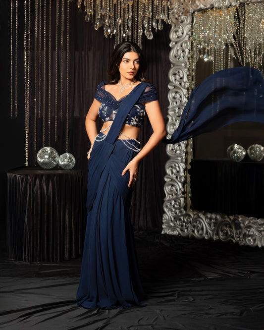 Celestra - Midnight Blue Drape Saree