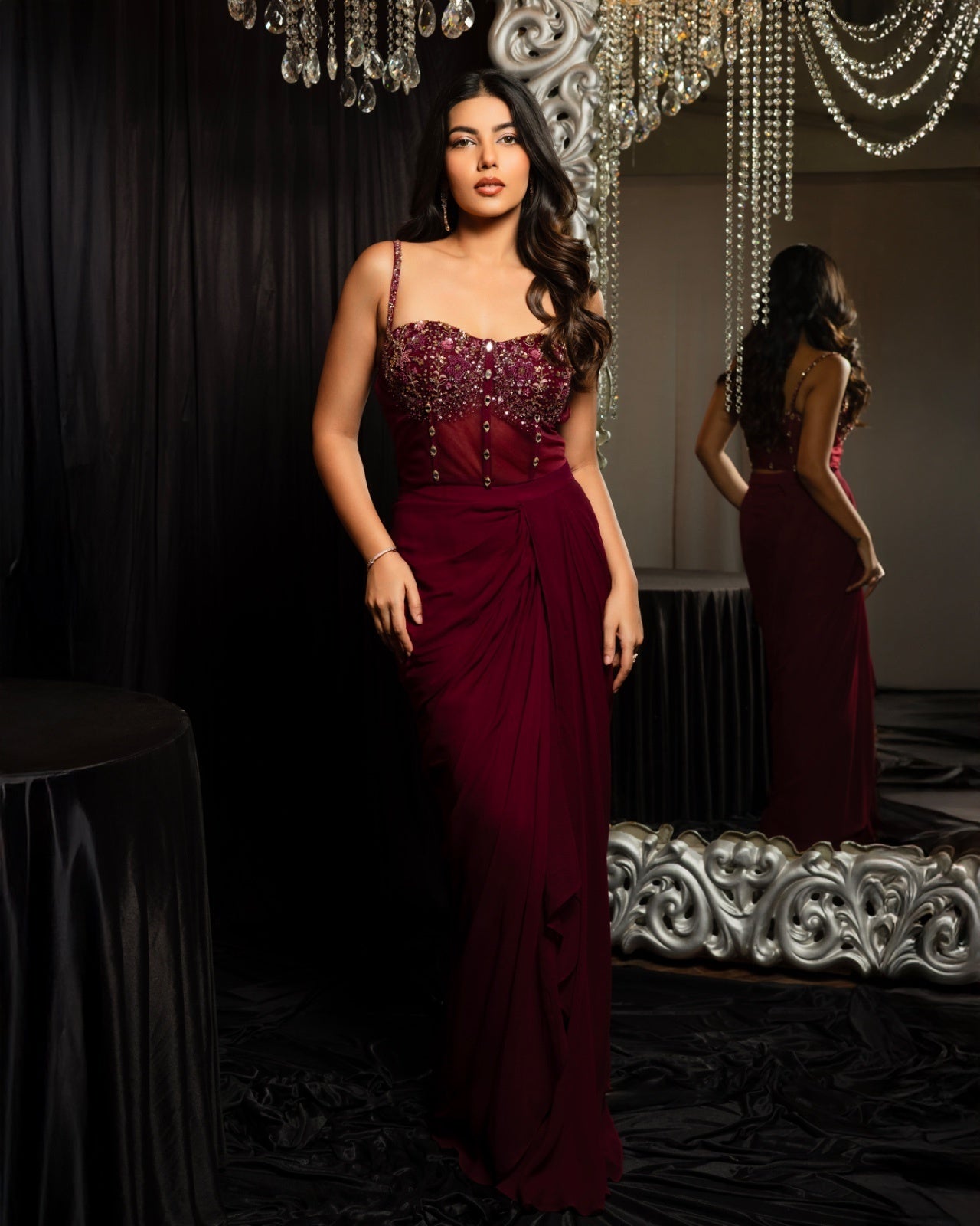 Crimson Dahlia – Wine Red Corset & Drape Skirt