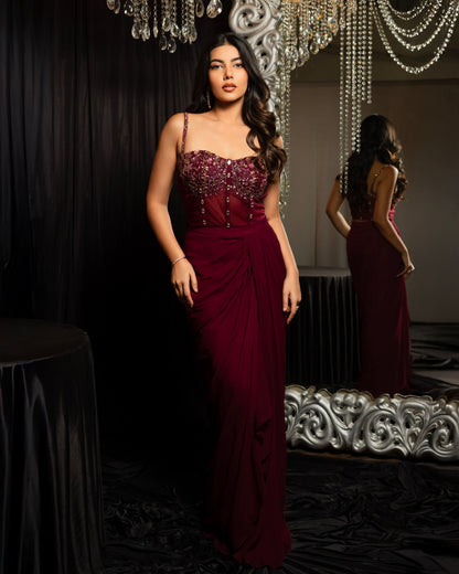 Crimson Dahlia – Wine Red Corset & Drape Skirt