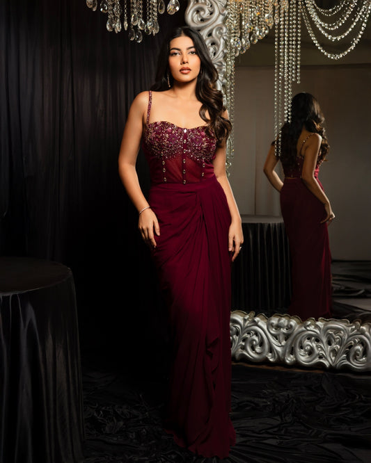 Crimson Dahlia – Wine Red Corset & Drape Skirt