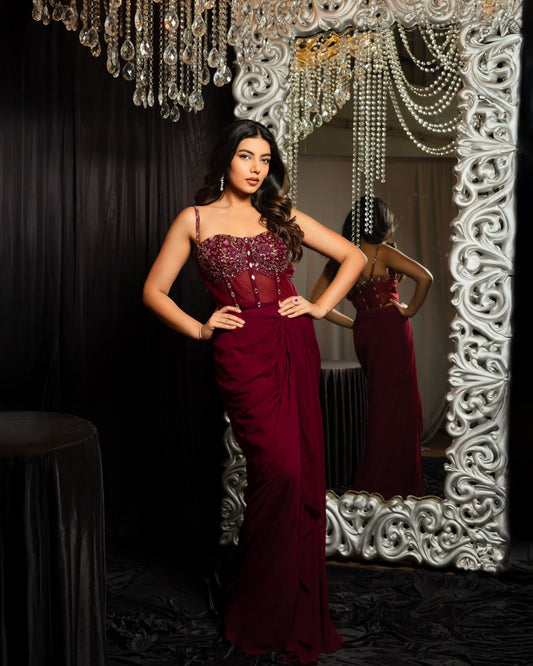 Crimson Dahlia – Wine Red Corset & Drape Skirt