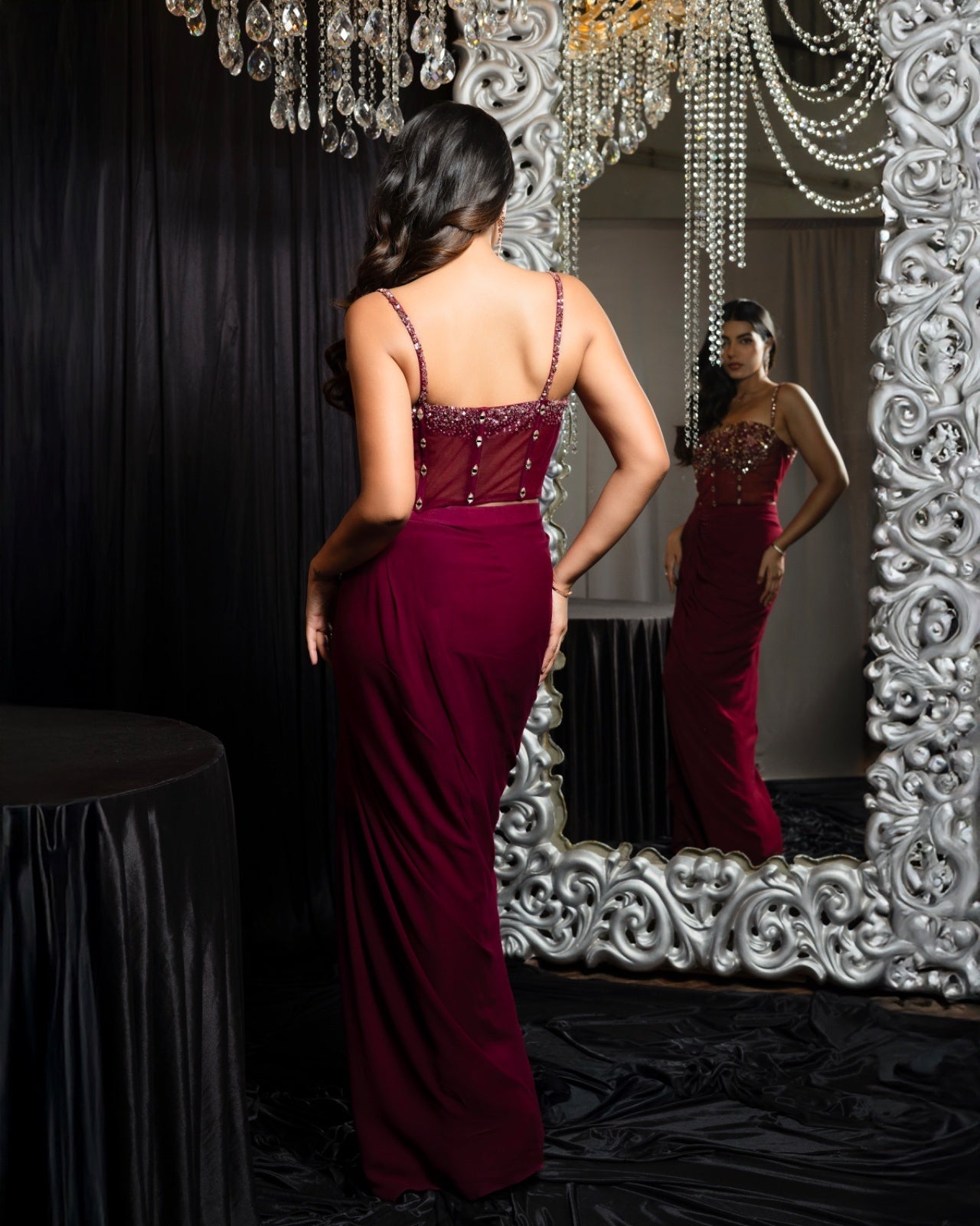 Crimson Dahlia – Wine Red Corset & Drape Skirt