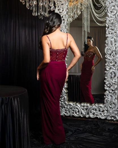Crimson Dahlia – Wine Red Corset & Drape Skirt