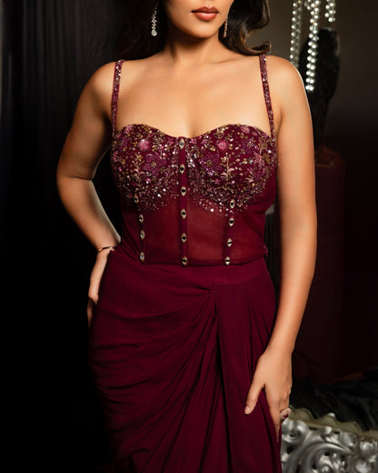 Crimson Dahlia – Wine Red Corset & Drape Skirt