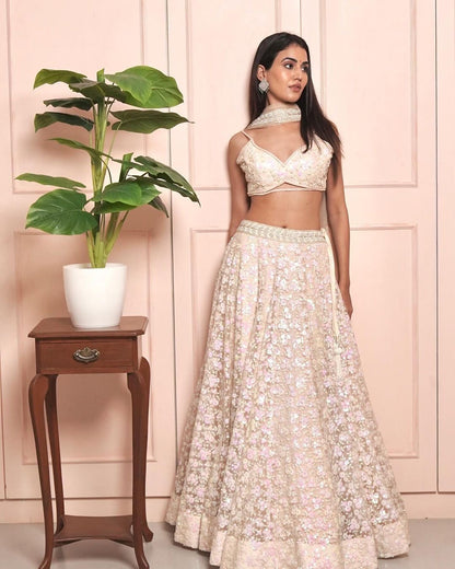 Beige Sequin work lehenga set