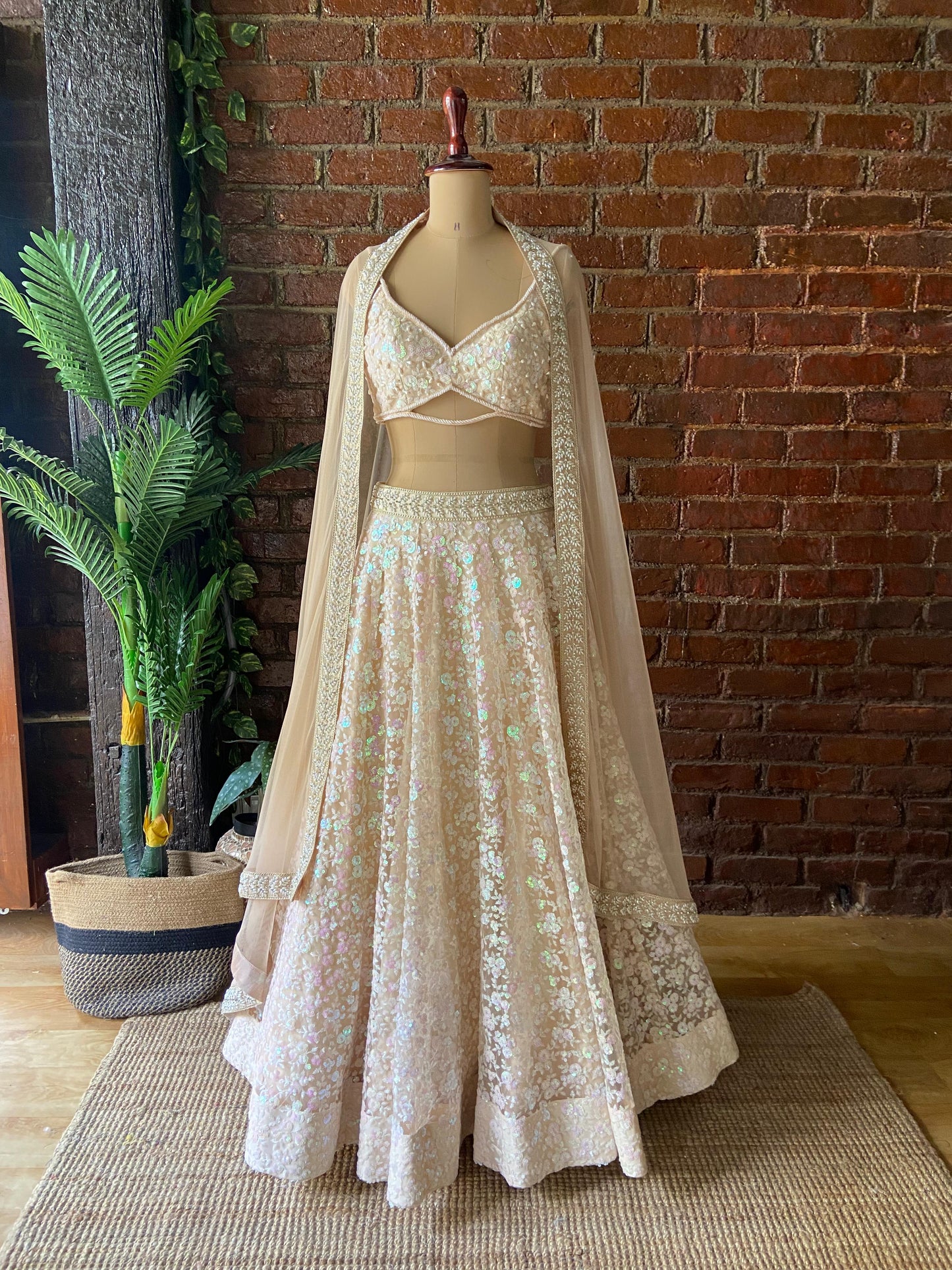 Beige Sequin work lehenga set