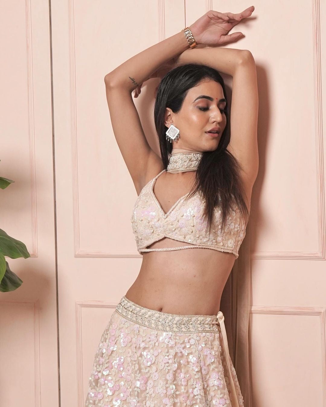 Beige Sequin work lehenga set