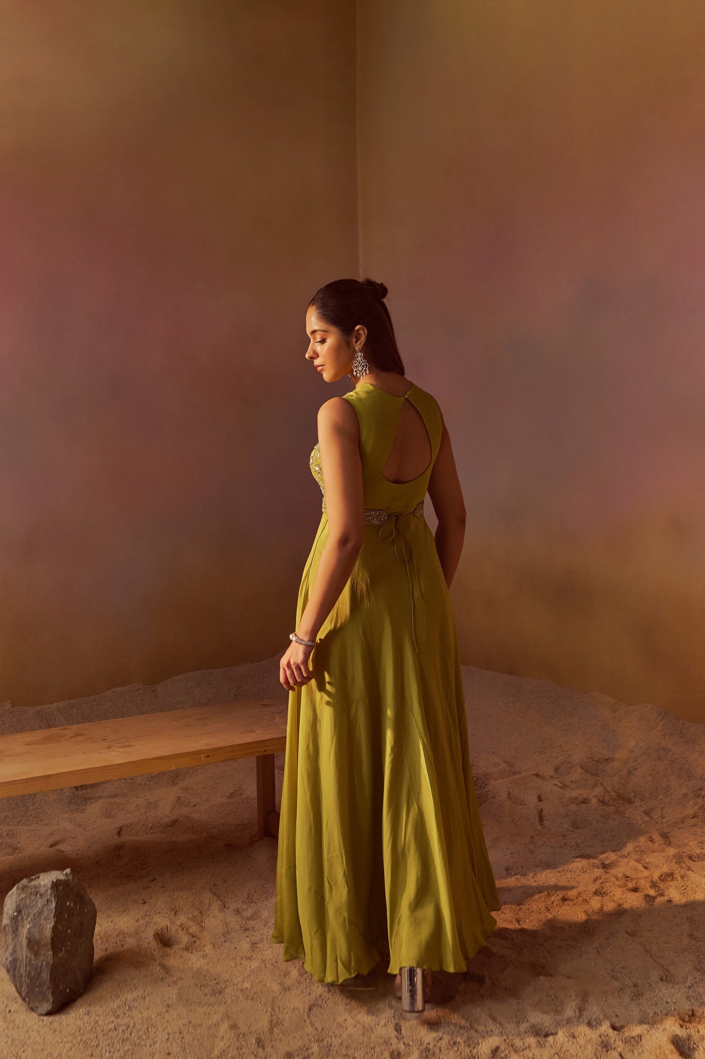 YELLOWISH GREEN INDOWESTERN GOWN WITH HAND EMBROIDERY