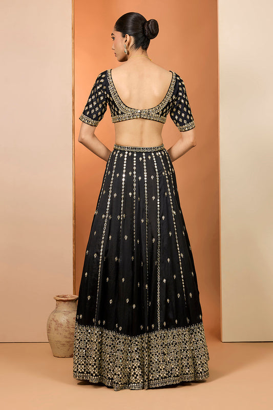 Black Silk Organza Hand Embroidered Lehenga Set With Pure Raw Silk Blouse And Silk Organza Dupatta