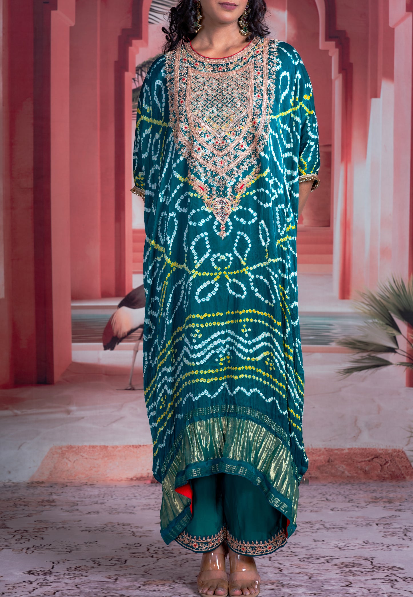 Teal Bandhani Kaftan