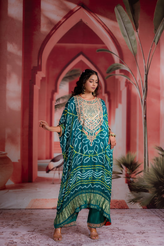 Teal Bandhani Kaftan