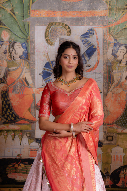 Peach & Coral Velvet Silk Lehenga